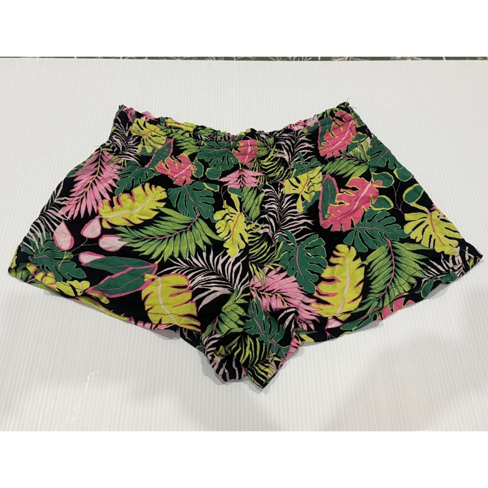 Scoop Womens Tropical Palm Leaf Smocked Waist Shorts Black Pink Green Size M